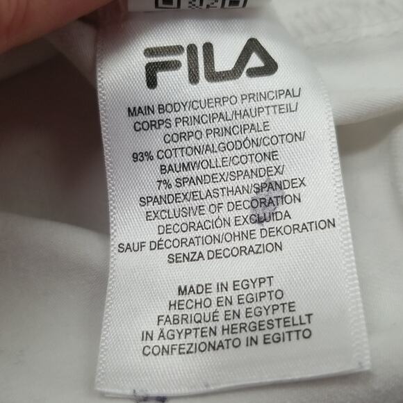Fila Womens SZ XL Tee T Shirt White Outline Spellout TINY FLAW Stretch Boxy Fit - Picture 9 of 11